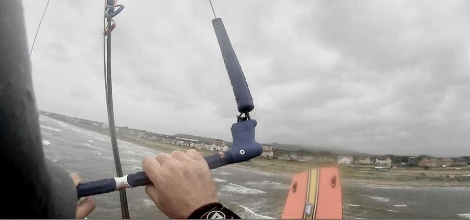 First-person kitesurfing view at Barassie